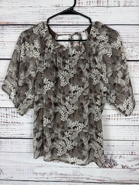 LOFT Brown & Ivory Botanical Print Blouse – Size